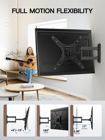 Pipishell Full Motion TV Wall Mount for 26-60 inch Flat or Curved TVs up to 77 lbs, TV Bracket Wall Mount with Articulating Arms, Extension, Tilt, Swivel, Leveling, Max VESA 400x400mm, PIMF7