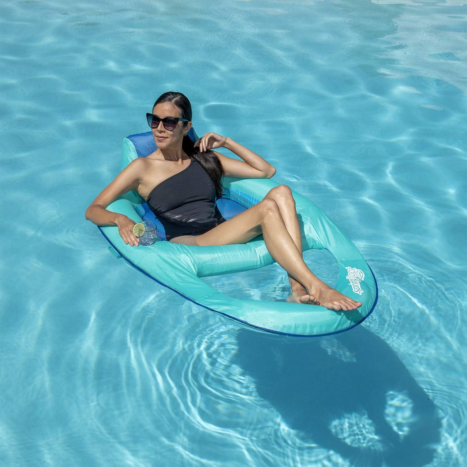 SwimWays Spring Float Recliner Chair for Swimming Pool, Inflatable Pool Floats Adult with Fast Inflation, Cup Holder & Foot Rest for Ages 15 & Up, Aqua