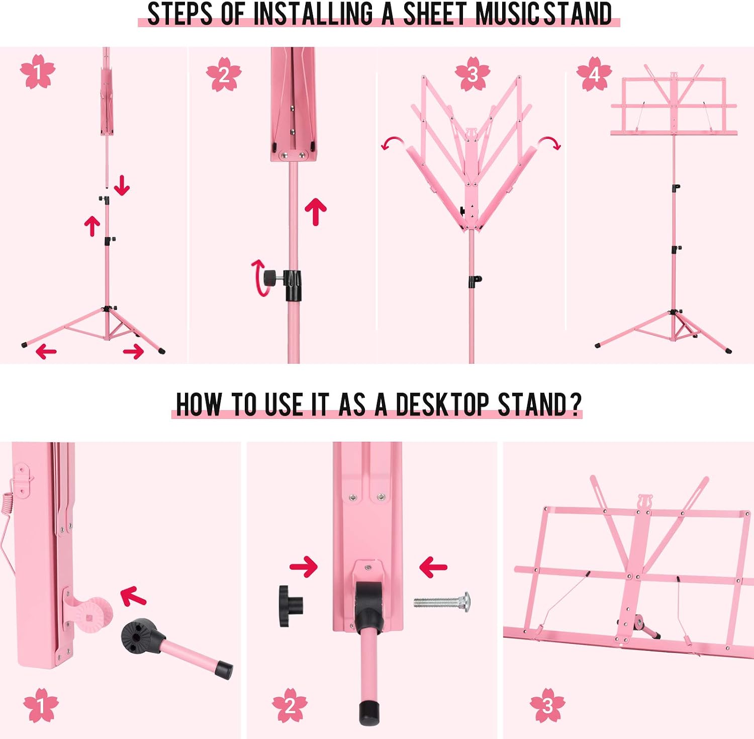 CAHAYA Sheet Music Stand Portable Folding Dual Use Desktop Book Holder Pink