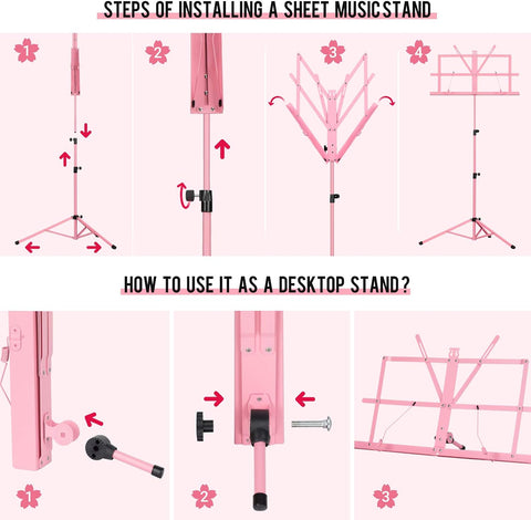 CAHAYA Sheet Music Stand Portable Folding Dual Use Desktop Book Holder Pink