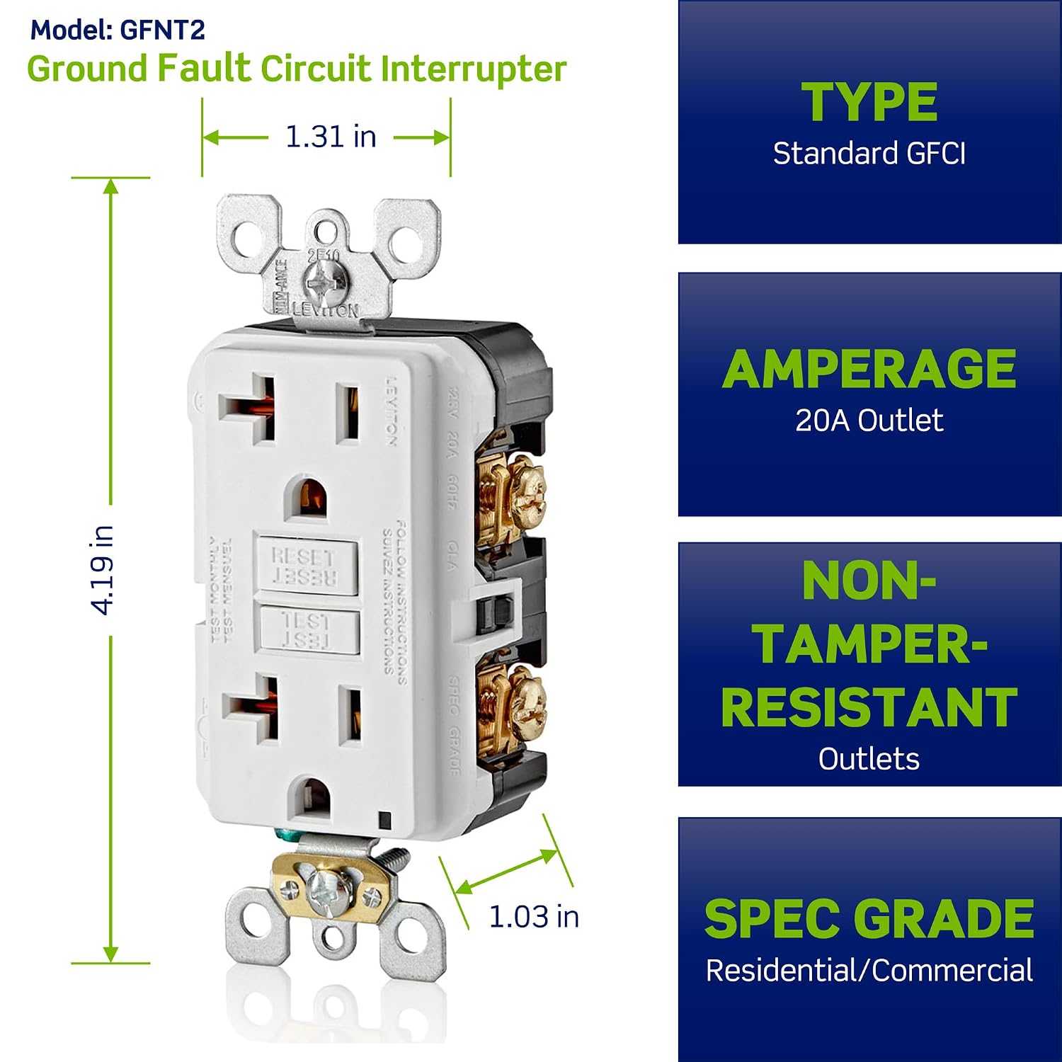 Leviton GFNT2-W Self-Test SmartlockPro Slim GFCI Non-Tamper-Resistant Receptacle with LED Indicator, Wallplate Included, 20-Amp, White