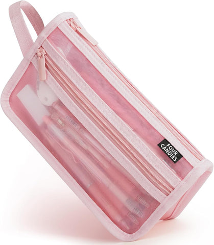 Four Candies Grid Mesh Pencil Case, Clear Double-layer with Handle (Pink)