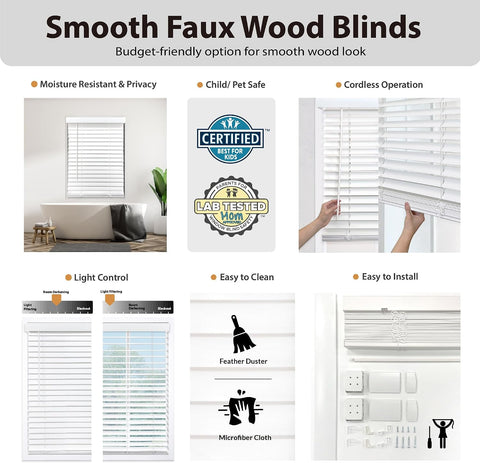 DEZ FURNISHINGS Cordless 2" Smooth Faux Wood Blind, 22.75" W x 60" H, Smooth White