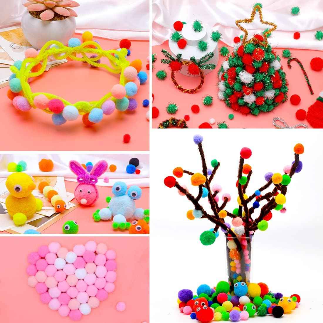 Iooleem Green Pom Poms, 1200pcs Assorted Size Pompoms, Pom Poms for Arts and Crafts, Pom Pom Balls with Wiggle Eyes in jar, Glitter Pom Poms, Craft Supplies.