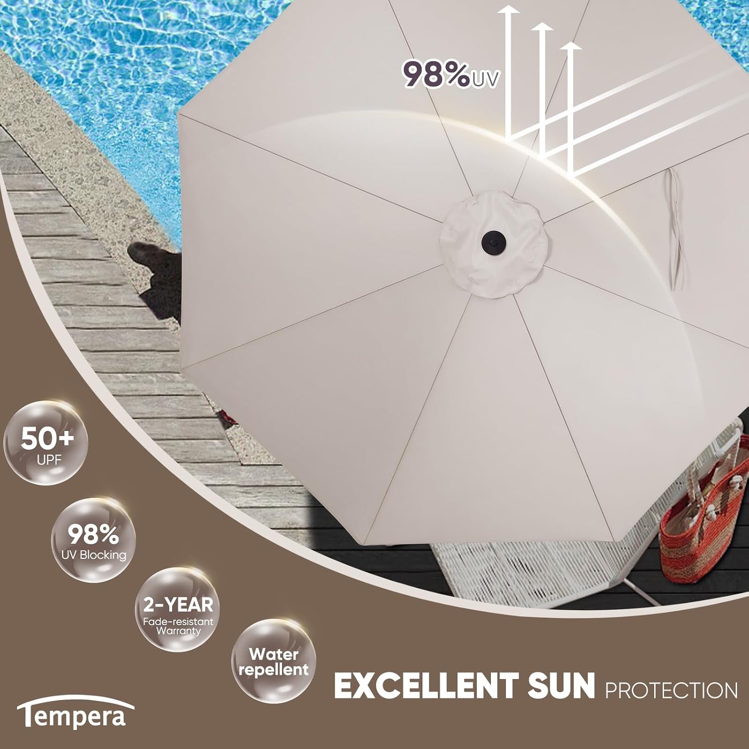 Tempera Patio Market Outdoor Table Umbrella with Push Button Tilt and Crank, Large Sun Umbrella with Sturdy Pole & Fade Resistant Canopy, Easy to Set