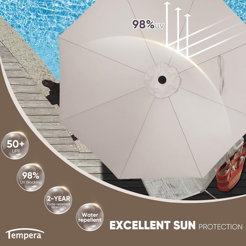 Tempera Patio Market Outdoor Table Umbrella with Push Button Tilt and Crank, Large Sun Umbrella with Sturdy Pole & Fade Resistant Canopy, Easy to Set