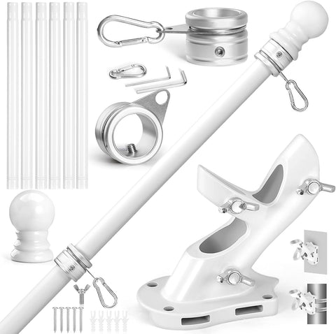 Anovo Flag Pole Kit- Upgraded Holder, Stainless Steel 7 FT Flag Poles with1 Inch Metal 360° Rotating Flag Pole Rings Two-Position Flag Pole Bracket Mounting for Outside House Porch (7 FT - White)