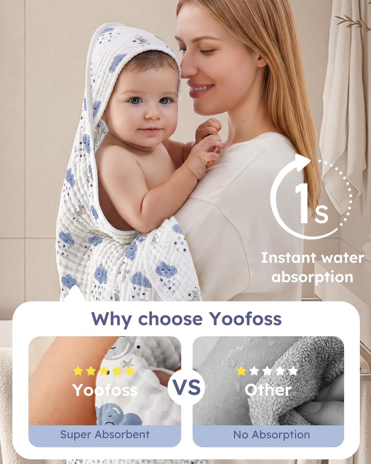 Yoofoss Hooded Baby Bath Towels 2 Pack 100% Muslin Organic Cotton with Hood