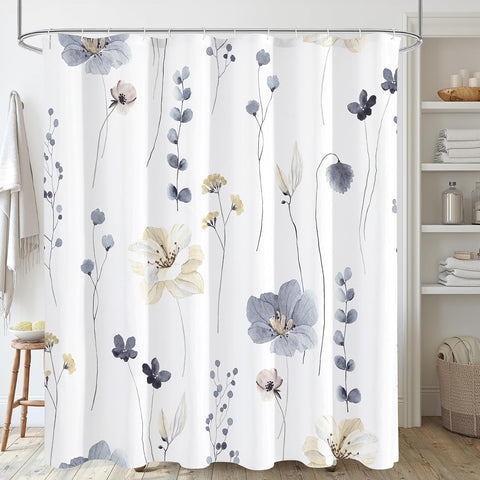 Gibelle Grey Beige Watercolor Floral Fabric Shower Curtain, 72x72