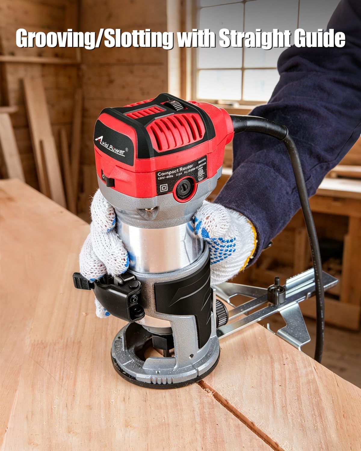 AVID POWER 6.5 Amp 1.25 HP Compact Router Tools for Woodworking, Fixed Base Wood Router with Trim Router Bits, 6 Variable Speeds, Edge Guide, Roller Guide, Dust Hood (Red, 65mm)