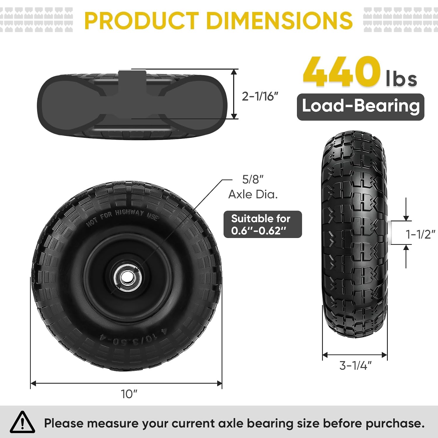 TICONN 10" Solid Tires, 4.10/3.50-4 Tire and Wheel Flat Free, 5/8" Bearings