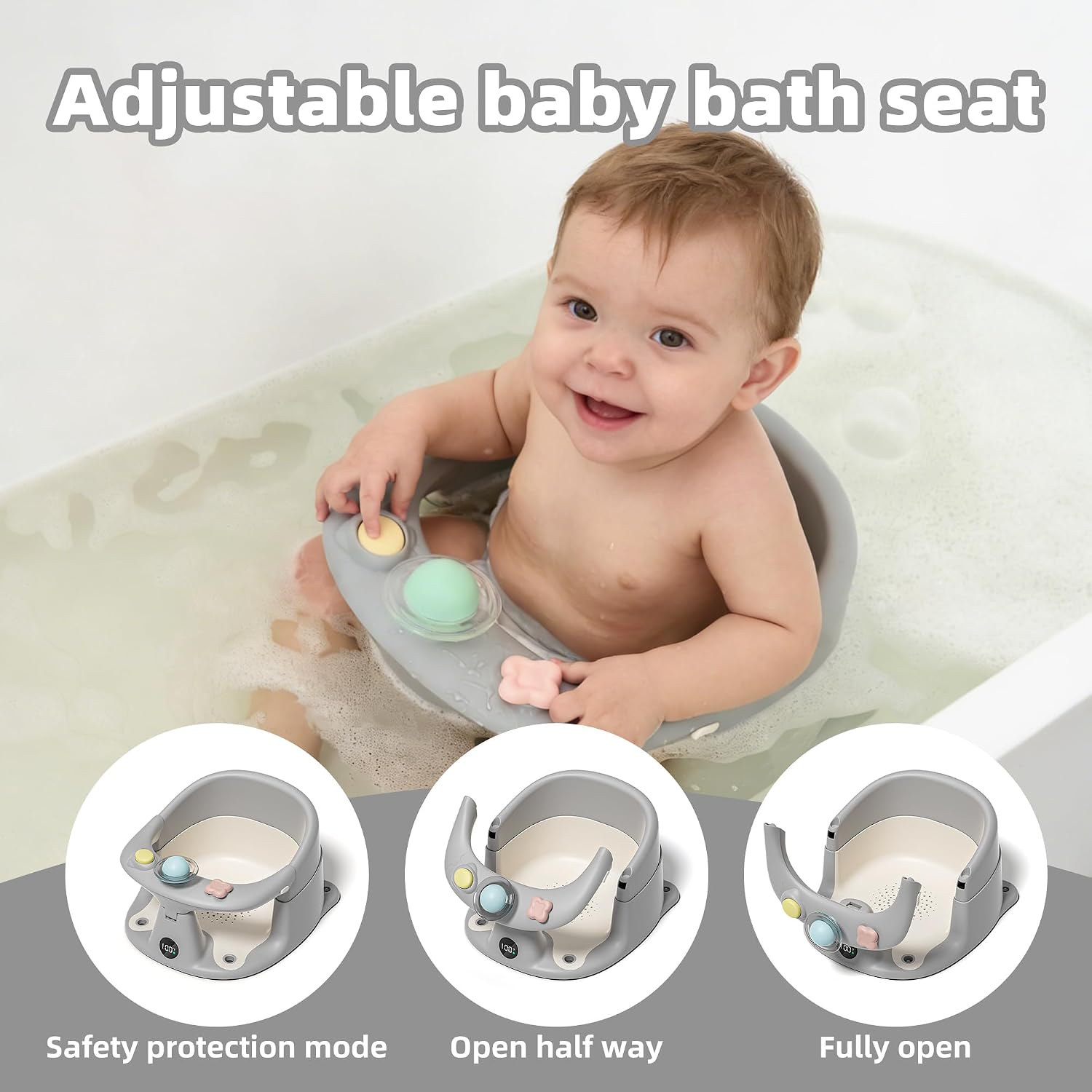 Baby Bath Seat for Babies 6 Months & up with Thermometer, Non-Slip Toddler Bath Seats for Sitting Up, Safe Infant & Newborn Bathtub Chair with 4 Suction Cups, Soft Cushion & Temperature Display, Gray