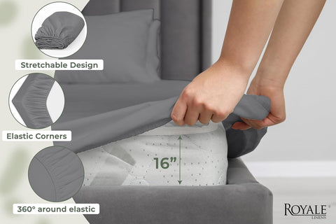 Royale Linens 100% Organic Cotton Twin XL Fitted Sheet Only - Percale Weave - Super Soft Deep Pocket Bottom Sheets - Grey Elastic Sheet - Twin XL Fitted Sheets Only - (39"x80"+15", Grey)