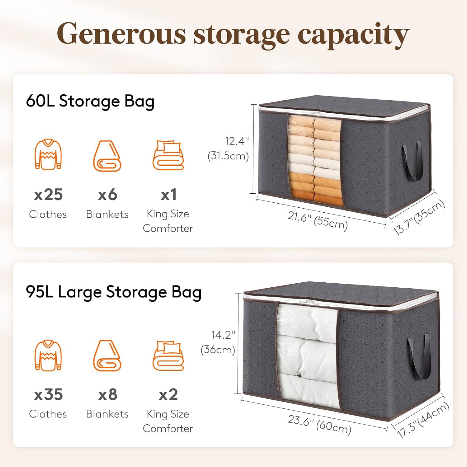 Lifewit 3 Pack 60L Clothes Storage Bins with Lids, Foldable Blanket Storage Bags with Zippers, Clear Window and Reinforced Handles, Closet and Organization for Clothing, Sweater, Comforter, Bedding