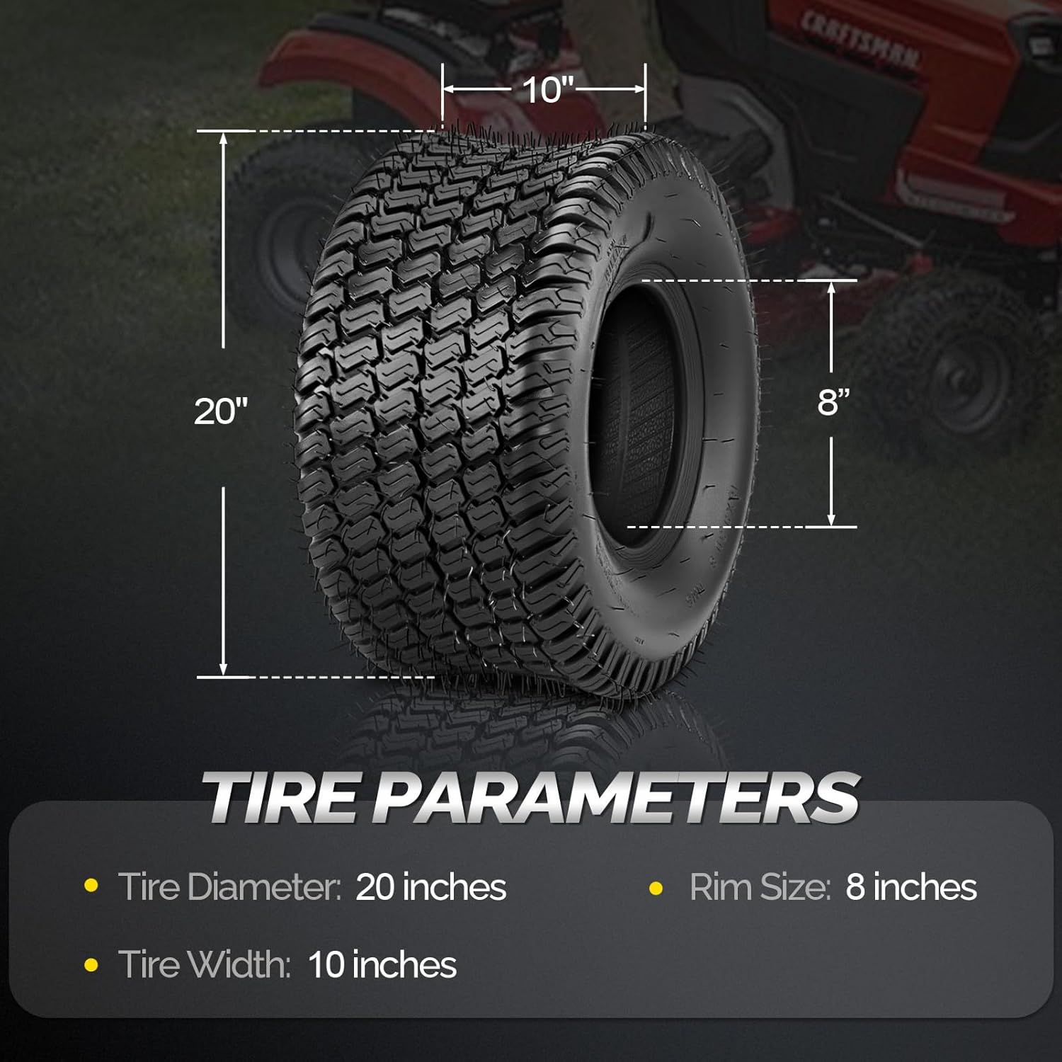 TUFFIOM 20x10.00-8 Lawn Mower Tires 2 Pack, 4PR 20x10x8 Tubeless Lawn Tractor Tires,1190 lbs Capacity Garden Tires, Compatible With Most Lawn & Garden Utility Vehicles