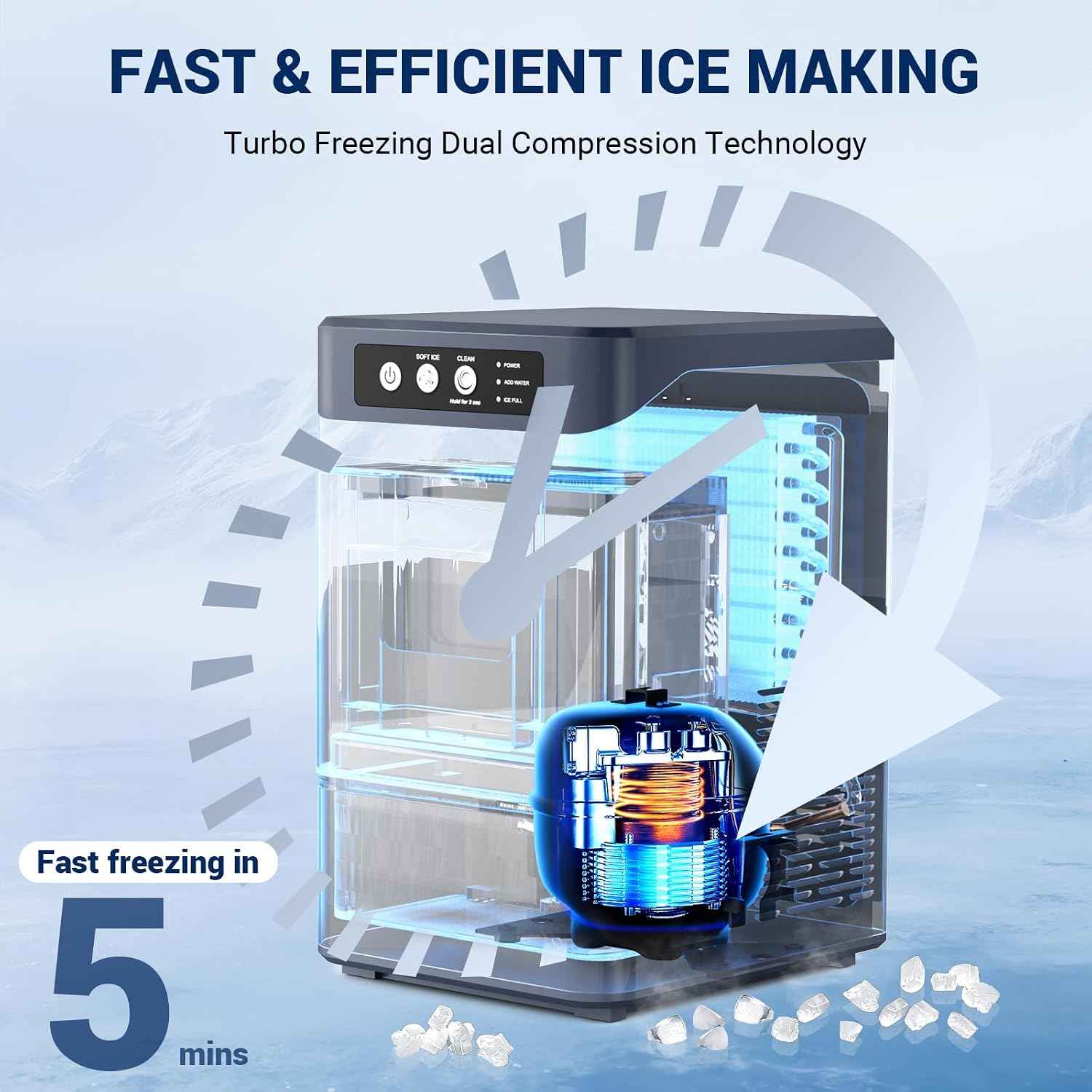 Nugget Ice Maker, 44Lbs/24H with 0.8 Gallon Tank, Soft Chewable Pellet Ice Ready in 5min Portable Ice Machine, Stainless Steels Ice Makers Countertop Self-Cleaning for Kitchens/Home/Office/Bar