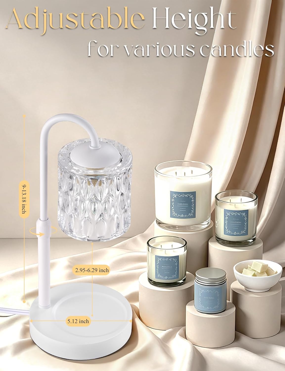 Briever Dimmable Candle Warmer Lamp with Timer, Height Adjustable Electric Candle Wax Warmer, Birthday Gifts for Women Mom, House Warming Gifts New Home Decor, Solid Wood Base, White Clear