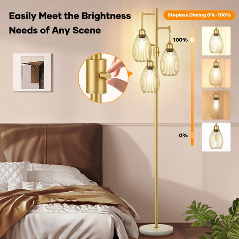 Dimmable Floor Lamp,3x800LM LED Bulbs Included, Farmhouse Industrial Floor Lamp Standing Tree Lamp with Teardrop Cage Head Tall Lamp for Living Room Bedroom Office Dining Room - Gold & Marble Base