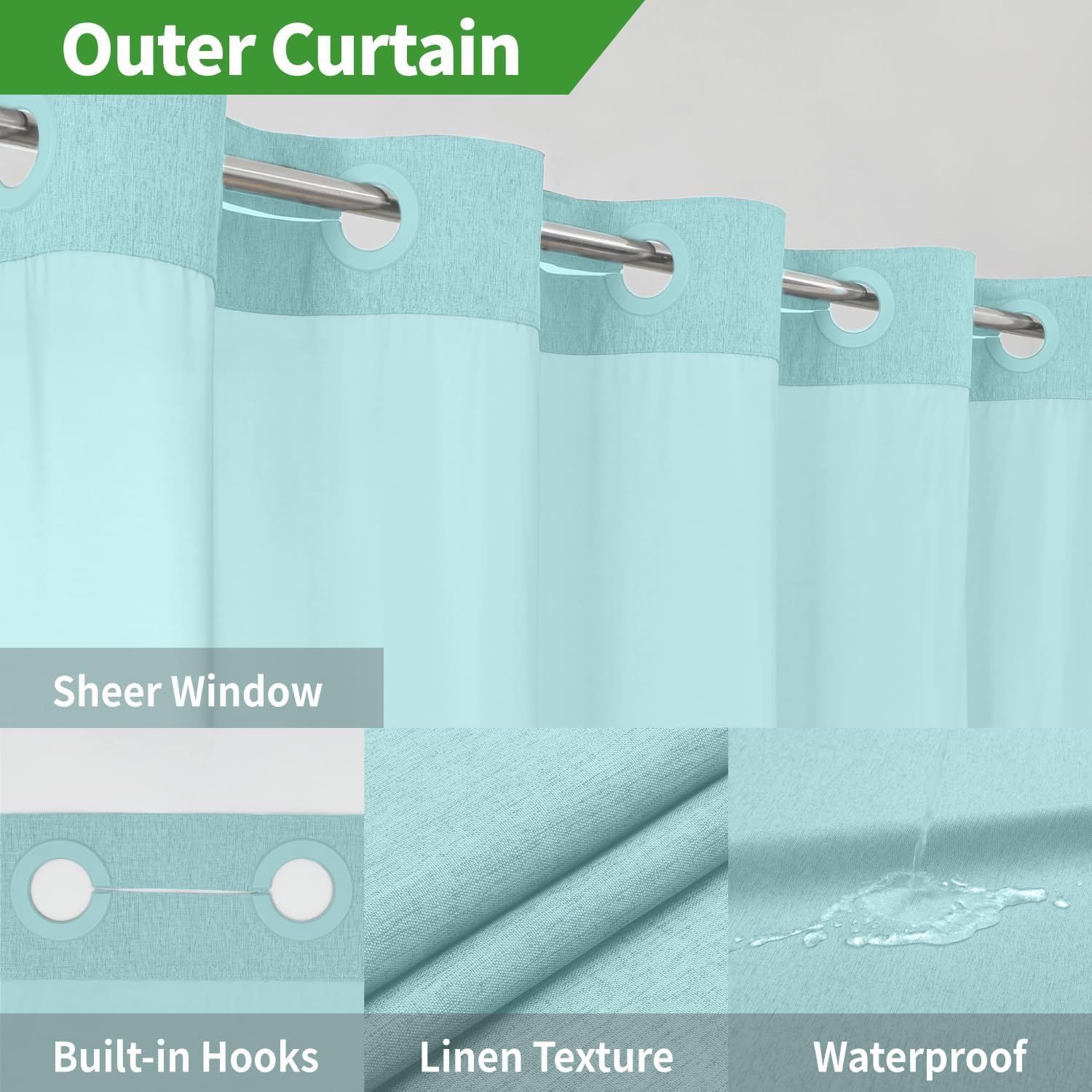 eachope No Hook Linen Texture Shower Curtain with Snap-in Liner,54x80 Teal