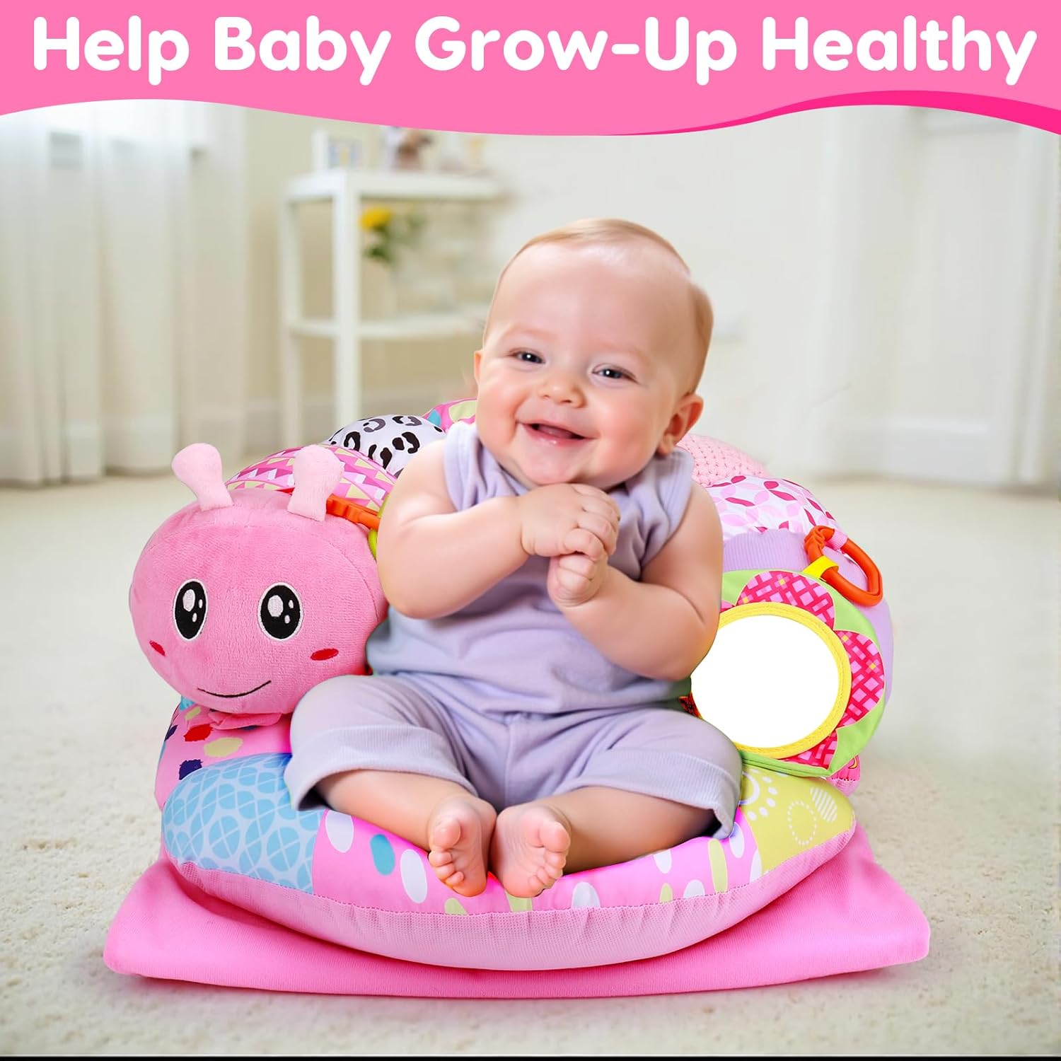 2 in 1 Baby Tummy Time Mat & Support Seated Pillow Infant Newborn Toys 0 1 2 3 4 5 6 Months Pink Caterpillar Sensory Developmental Playmat 0-6 3-6 12 Month Mirror Babies Girls Shower Gifts Essentials