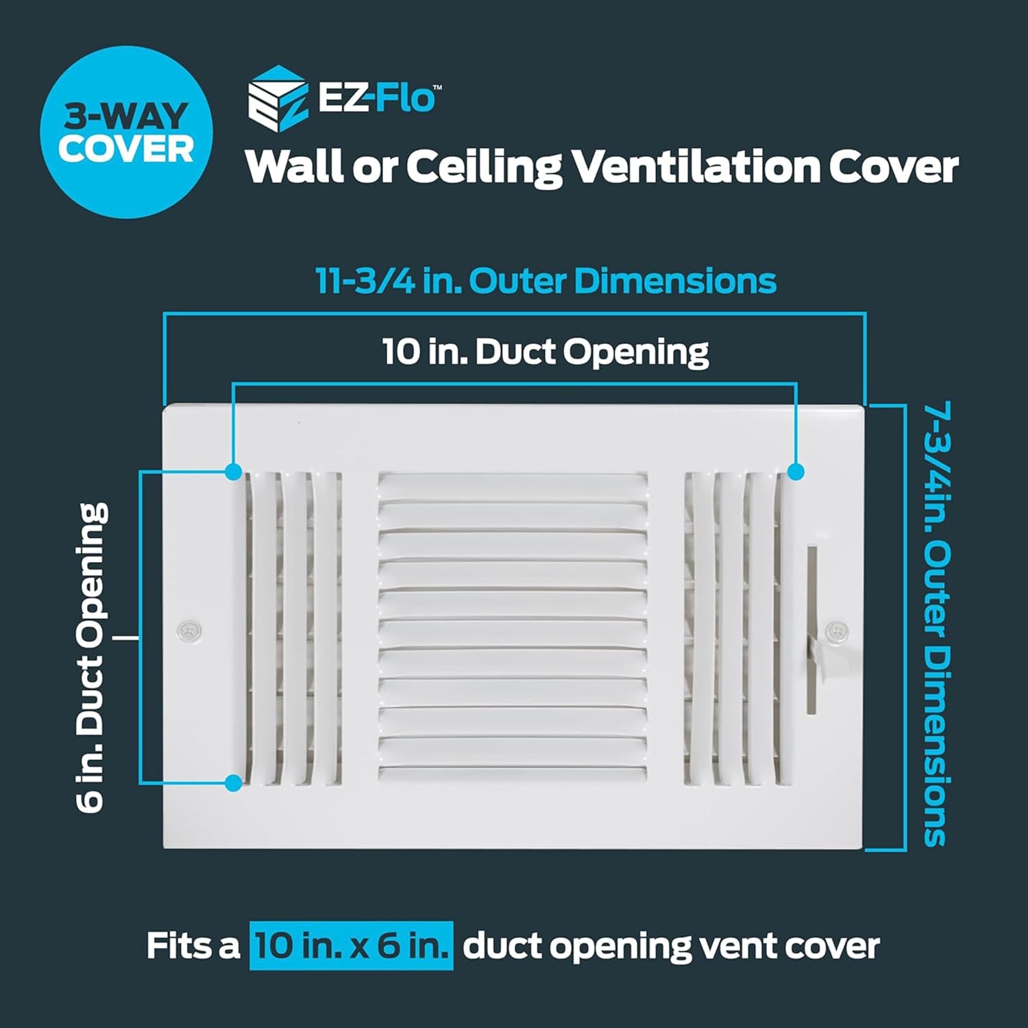 EZ-FLO 10 x 6 Inch (Duct Opening) Air Vent Cover for Wall or Ceiling, Three-Way Ventilation Register, Solid Steel HVAC Register Cover, White, 61614