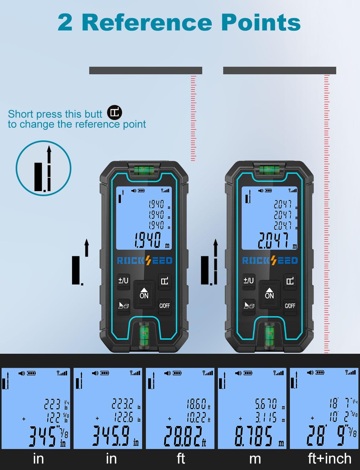 Laser Measuring Tool 165 Feet, RockSeed Portable Laser Measure, Digital Distance Measurement with 2 Bubble Levels, Laser Tape Measure with 5 Units Conversion