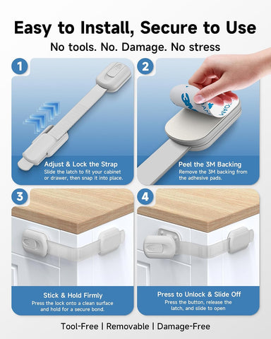 Infinno 16 Pack Cabinet Locks Baby Proofing Heavy Duty - Child Safety Cabinet Locks for Drawers, Cupboards & Fridge – No Drill 3M Adhesive Locks for Pets - Toddler Safety Latches-Gery