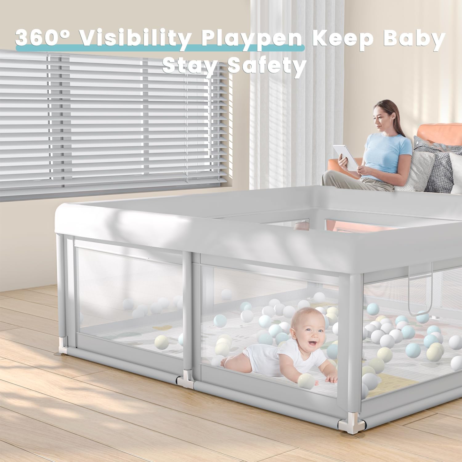 Hiaksedt Baby Playpen with Mat and Ocean Balls 50 x 50 inch