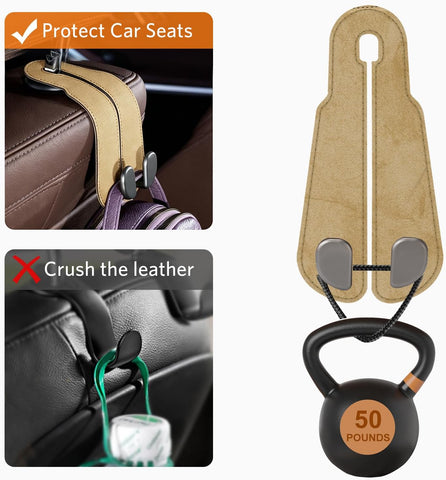 CoBak Purse Hook for Car - Universal Premium Stitched Leather and Aluminum-Magnesium Alloy Double Car Seat Back Storage Hook for Purses, Handbags, Bags (2 Pack),Linen