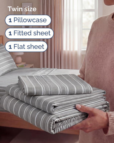 Twin Size 3 Piece Sheet Set - Breathable & Cooling Sheets - Grey Stripes