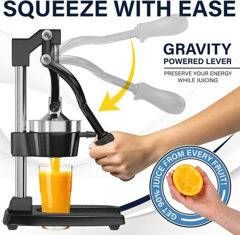 Eurolux Ultra-Premium Cast Iron Juicer | Extra-Large, Heavy Duty, Commercial Grade, Stainless Steel Manual Hand Press Citrus Squeezer For Fresh Orange Juice, Pomegranate, Lemon, and Much More (Black)