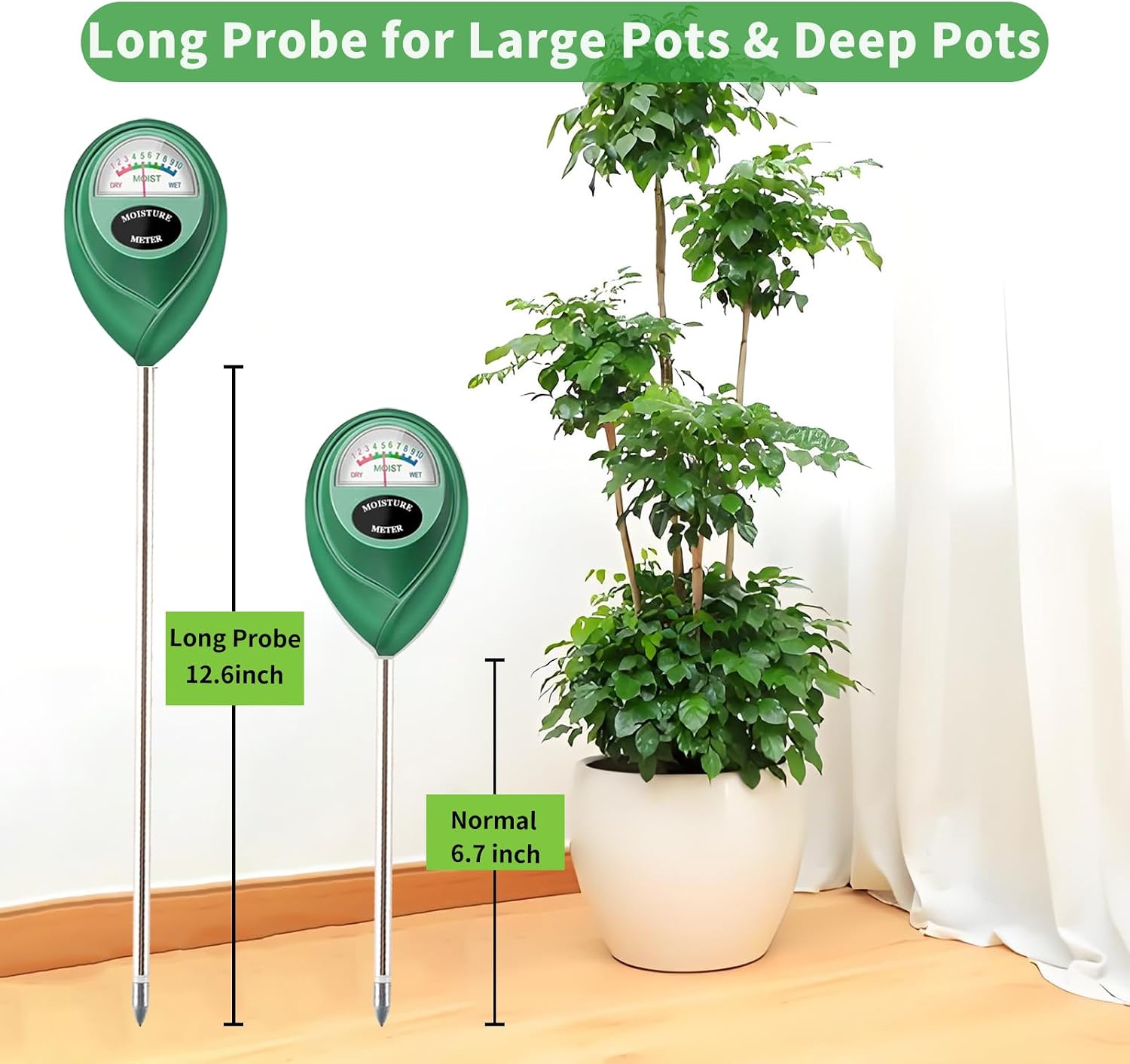 Censinda Soil Moisture Meter, 2 Pack Long Probe Soil Moisture Monitor for House Plants, Soil Hygrometer Moisture Sensor for Indoor & Outdoor, Garden, Farm, Lawn Plant Care, No Battery Needed(Green)