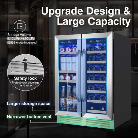 24 Inch Upgraded Dual Zone Wine and Beverage Refrigerator Cooler