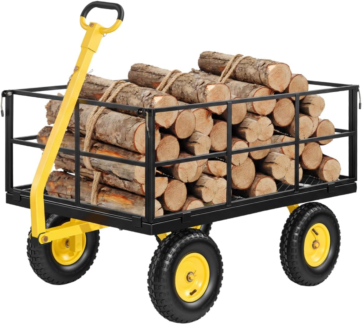VEVOR Steel Garden Cart, 1400 lbs Heavy Duty Pullable Garden Wagon Yard Cart, 2 in 1 Outdoor Metal Utility Wagon Yard Trailer with 13" All Terrain Tires, Mesh Detachable Sides and 180° Rotating Handle