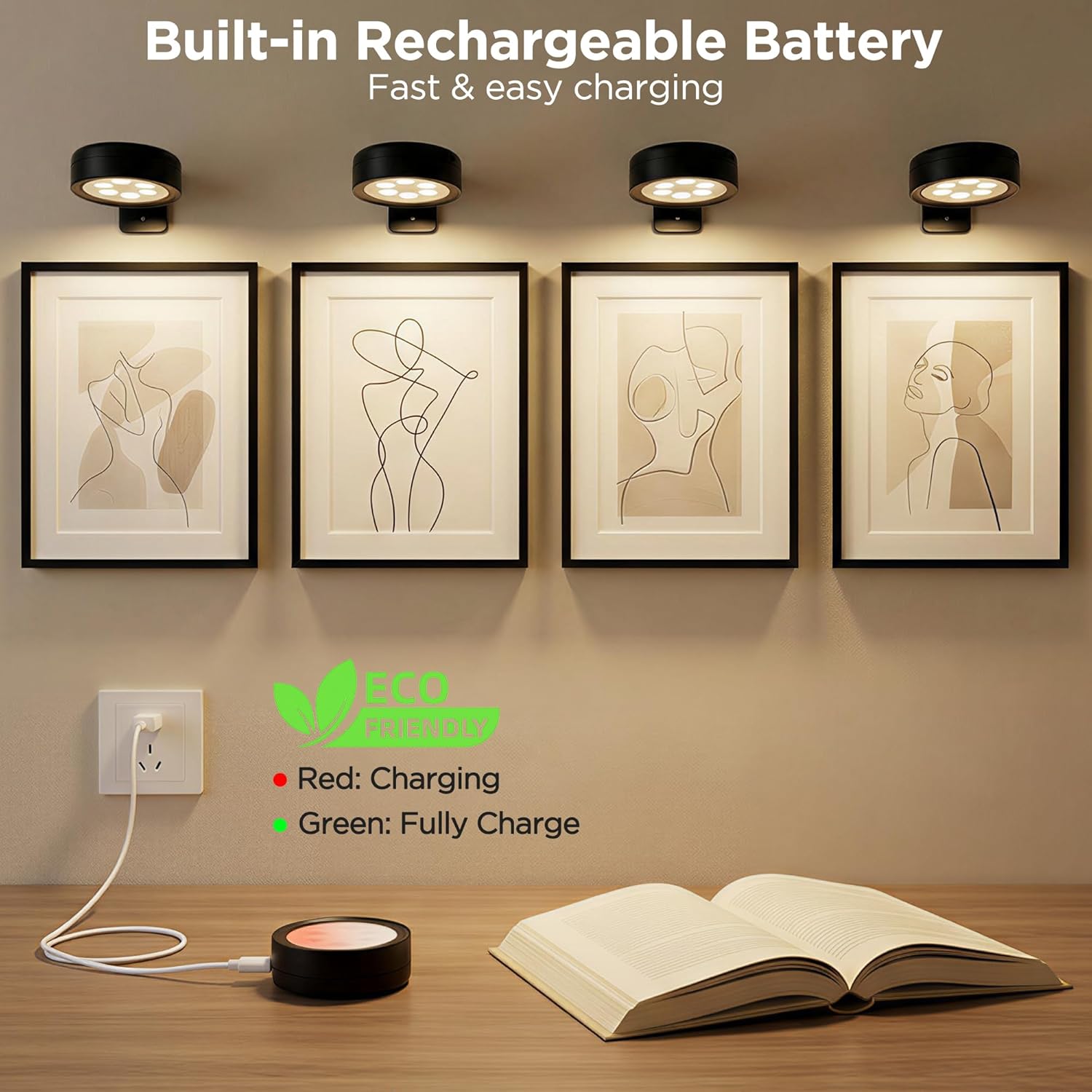 4-Pack Picture Lights for Wall, Rechargeable Wireless Poster Lights, Black