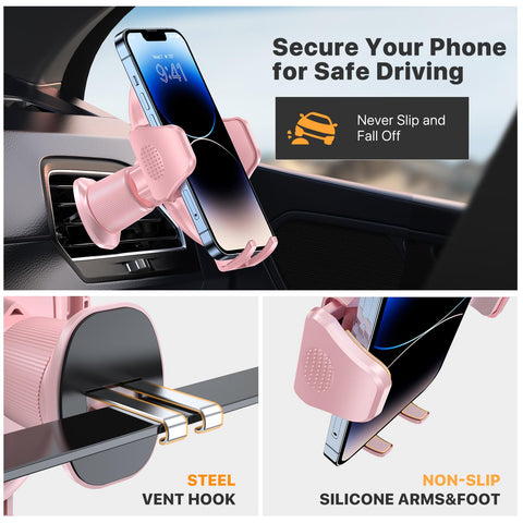 Miracase Phone Holders for Your Car with Metal Hook Clip, Air Vent Cell Phone Car Mount, Hands Free Universal Automobile Cradle Fit for iPhone Android and All Smartphones (Pink)