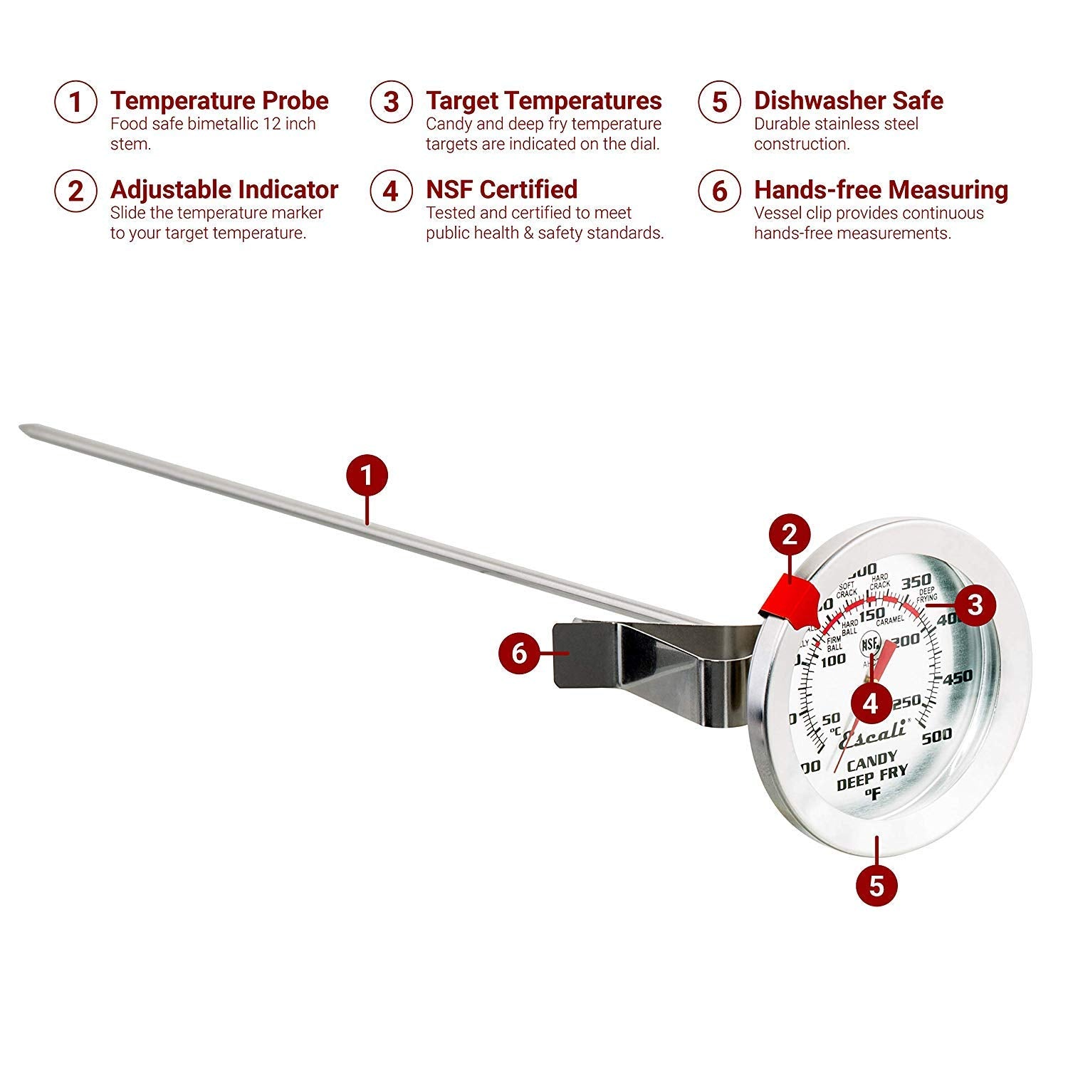 Escali AHC2 Stainless Steel Deep Frying and Candy Thermometer with Pot Clip, 12-Inch Probe with Candy Temperature Zones, NSF Certified