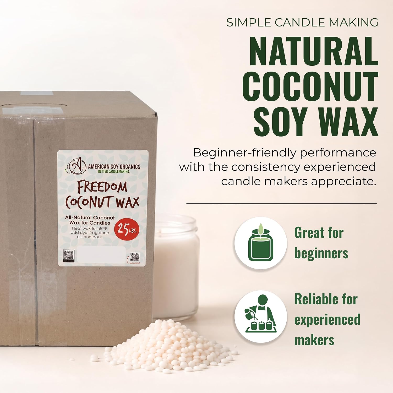 American Soy Organics Freedom Coconut Soy Wax Beads, Candle Wax, 25 lbs