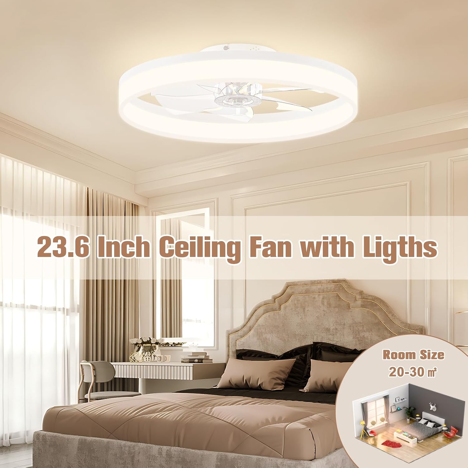 VOLISUN Low Profile Bladeless Ceiling Fans with Dimmable LED Light, 23.6in Flush Mount for Bedroom (White)