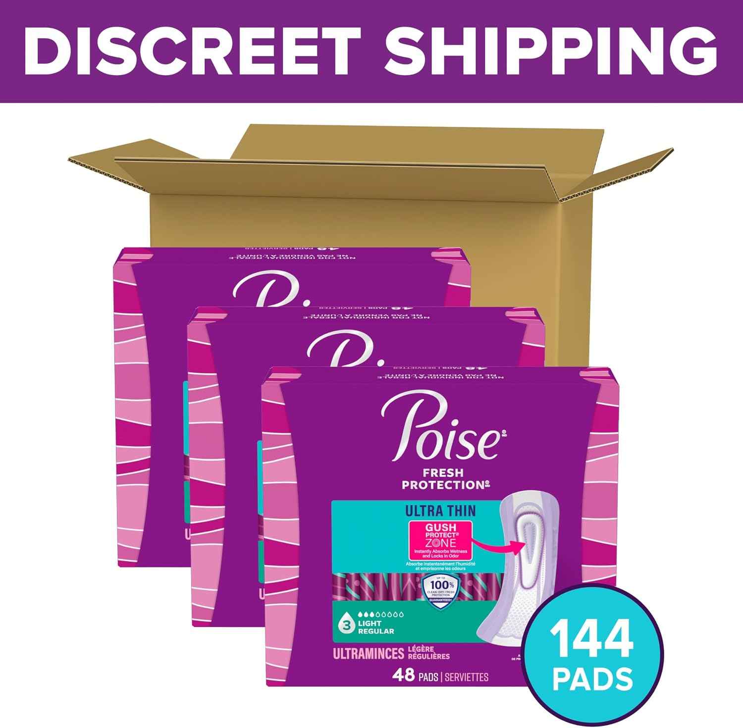 Poise Ultra Thin Incontinence & Postpartum Pads for Bladder Leaks, 3 Drop Light Absorbency, Regular Length, 144 Count (Packaging May Vary)