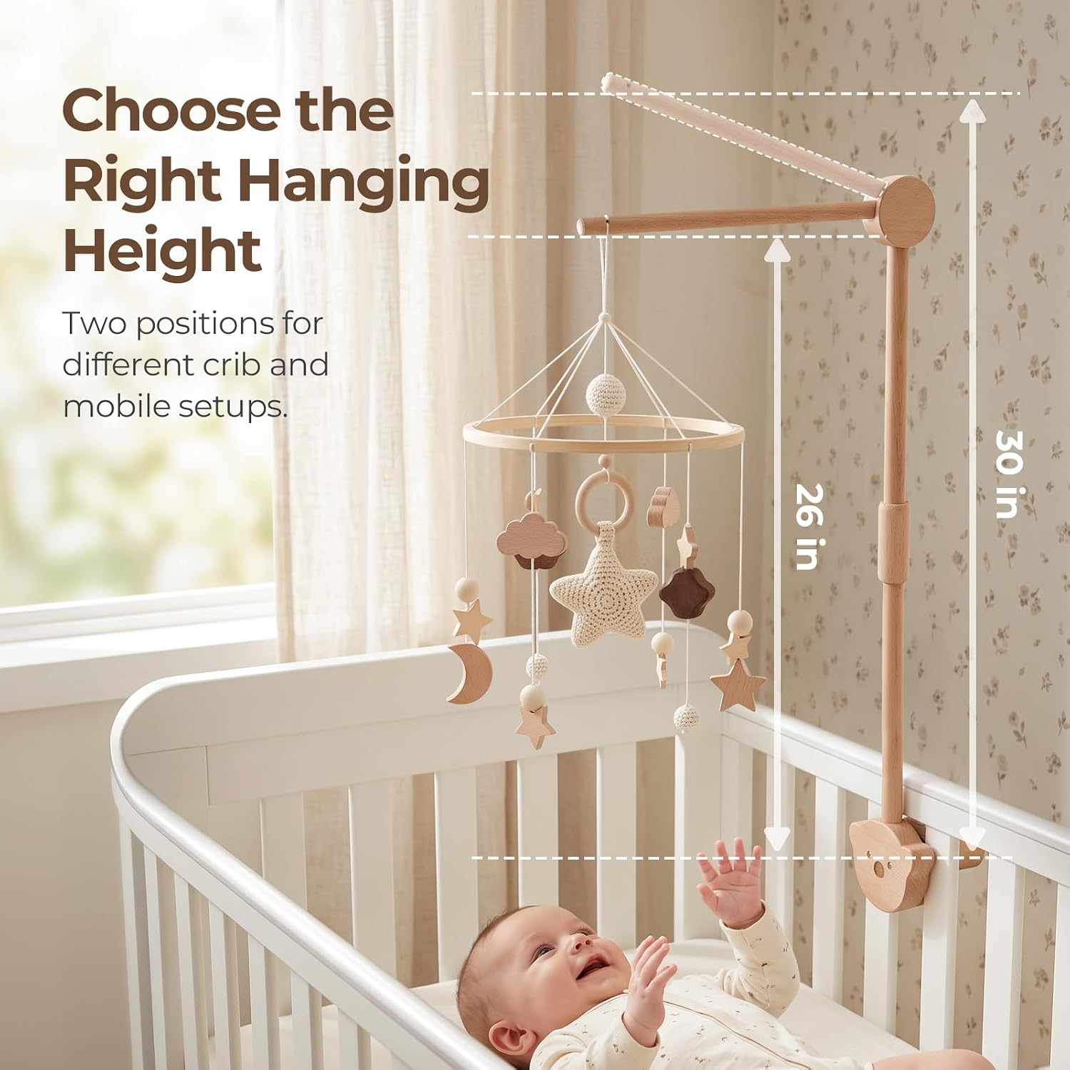 Baby Crib Mobile Arm,HBM 28-33inch Wooden Mobile Arm for Crib Mobile Hanger for Crib Baby Girl Nursery Decor
