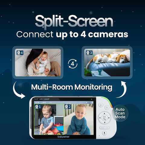 Babysense PRO Full HD 5.5" Split Screen Baby Monitor with 2 Cameras, 6-Color Night Light, White Noise, Sound & Light Machine, 20-Hour Battery, Hack-Proof Non-WiFi Secure Connection