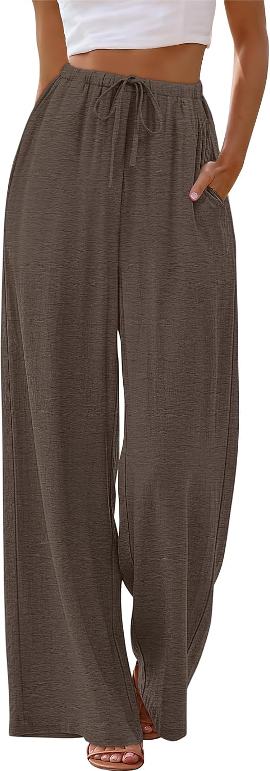 Sampeel Wide Leg Pants for Women Flowy Palazzo Drawstring Elastic Waist Trousers with Pockets Summer Beach Vacation Clothes