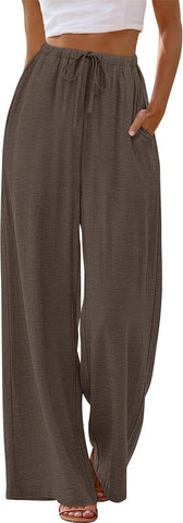 Sampeel Wide Leg Pants for Women Flowy Palazzo Drawstring Elastic Waist Trousers with Pockets Summer Beach Vacation Clothes