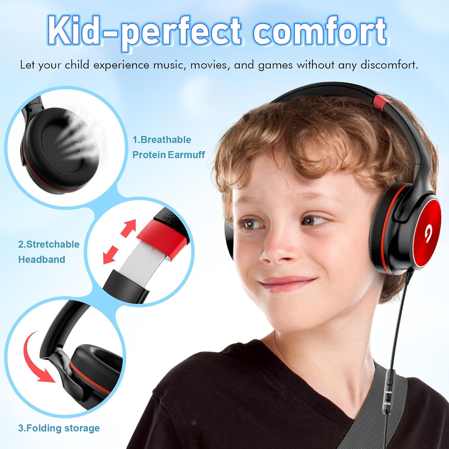 ADOOPE Kids Headphones with Safe 85dB/94dB Volume Limiter for Teen and Boys, Foldable HD Stereo Sound Headset for Kindle Kids/fire Tablet/iPad/Laptop, Headphones with Microphone (Black-red)