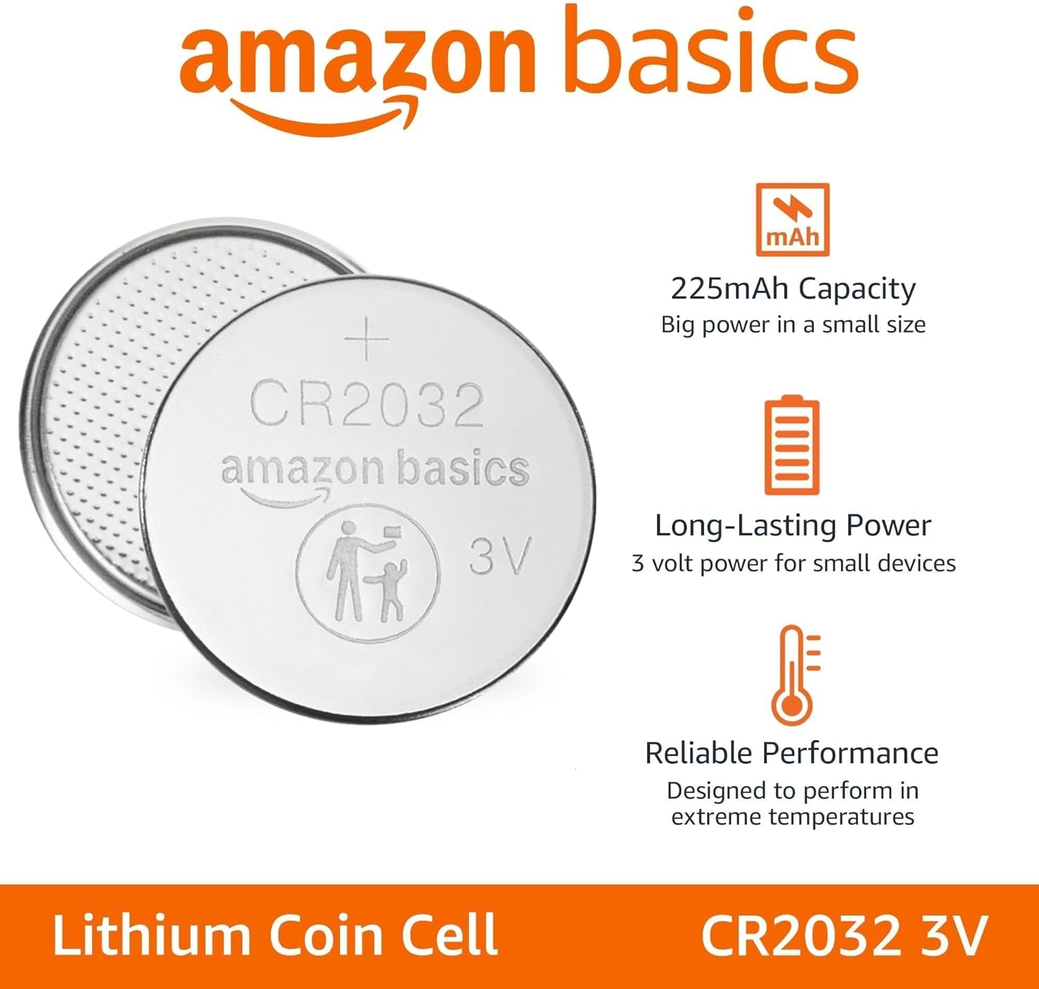 Amazon Basics CR2032 3V Lithium Coin Cell Batteries, Child-Proof Package, Non-Coated, AirTag Compatible, 4-Pack