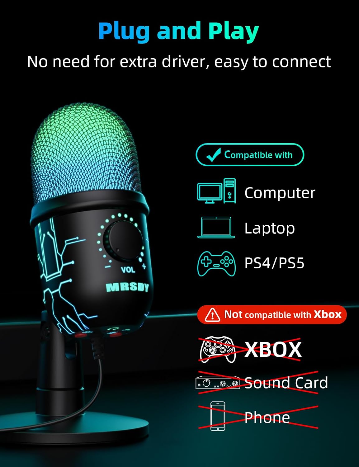MRSDY USB Gaming Microphone for PC with Noise Reduction, Mute, Gain, RGB