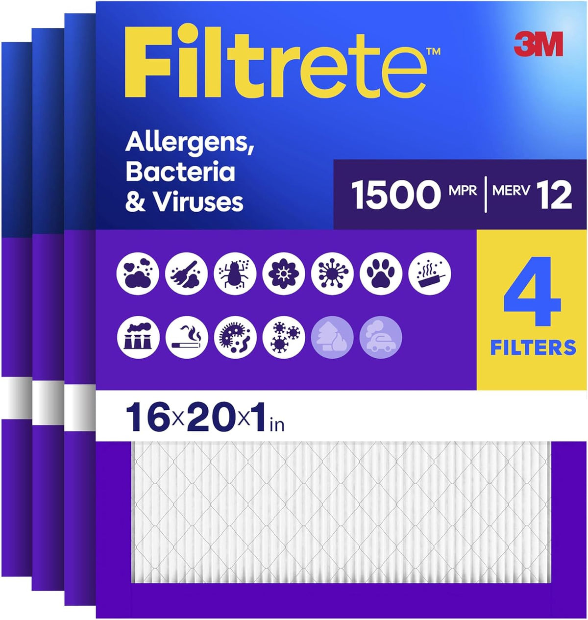 Filtrete 16x20x1 Air Filter, MERV 12, MPR 1500, 4 HVAC Filters