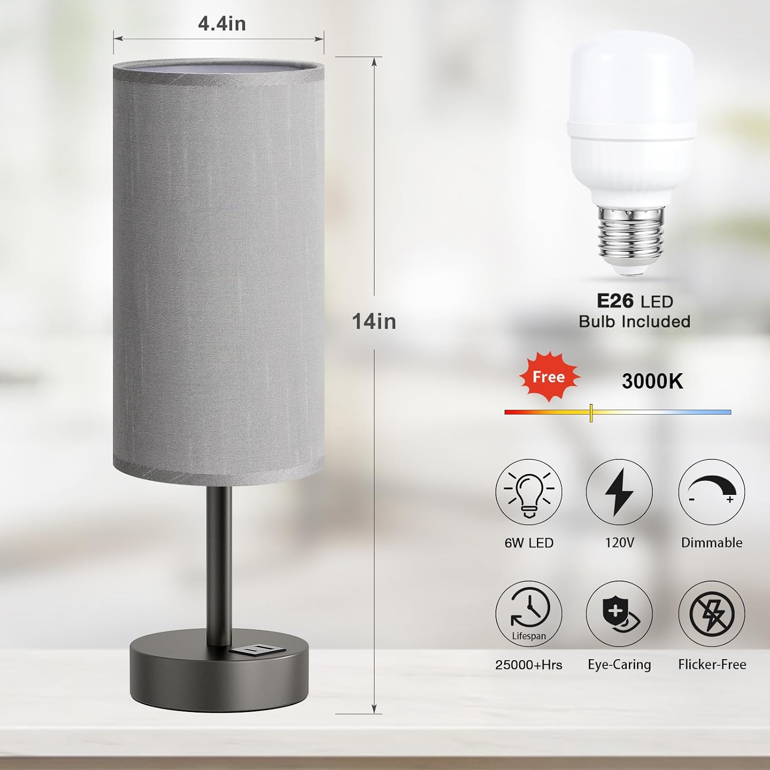 Dicoool Bedside Table Lamp for Bedroom - 3-Way Dimmable Touch Lamp, USB A+C