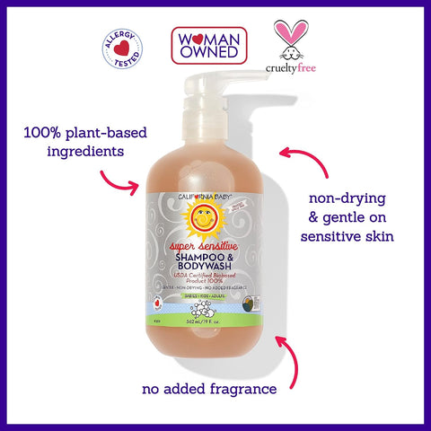 California Baby Super Sensitive Shampoo and Body Wash - Hair, Face, and Body | Gentle, Fragrance Free, Allergy Tested | Dry, Sensitive Skin, 19 Ounces